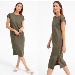 EVERLANE The Luxe Cotton Side-Slit Tee Midi Dress XL Olive Green Relaxed Fit